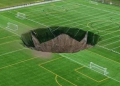 Vídeo: Buraco gigante aparece em campo de futebol, nos EUA