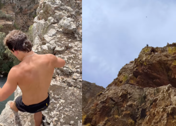 Vídeo: Jovem de 22 anos salta de penhasco com 44,3 metros